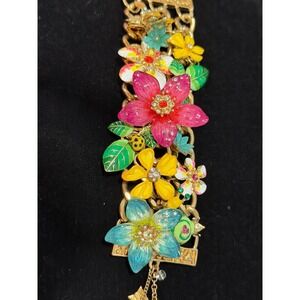 Betsey Johnson Hawaiian Garden Charm Bracelet Enamel Flowers Ladybug Bird Gold